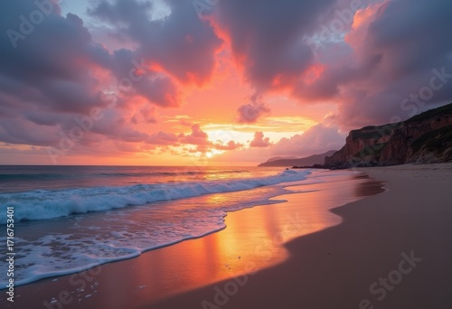 Tranquil Beach Sunset Dramatic Sky Reflection Serenity Coastal Landscape Waves