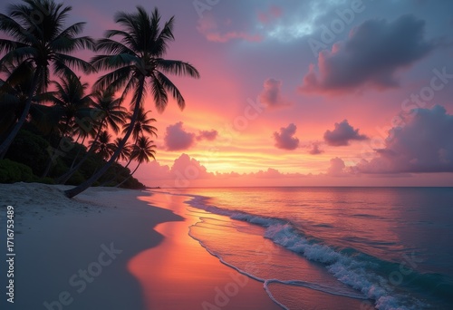 Tranquil Beach Sunset with Dramatic Skies and Vibrant Colors Reflecting on Calm Waters