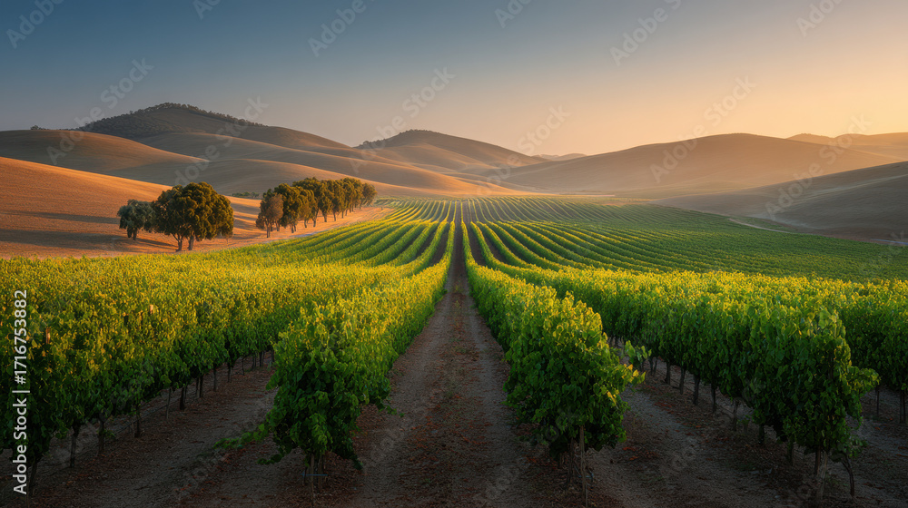 Fototapeta premium breathtaking summer landscape featuring lush green vineyards cascading down rolling hills under clear blue sky
