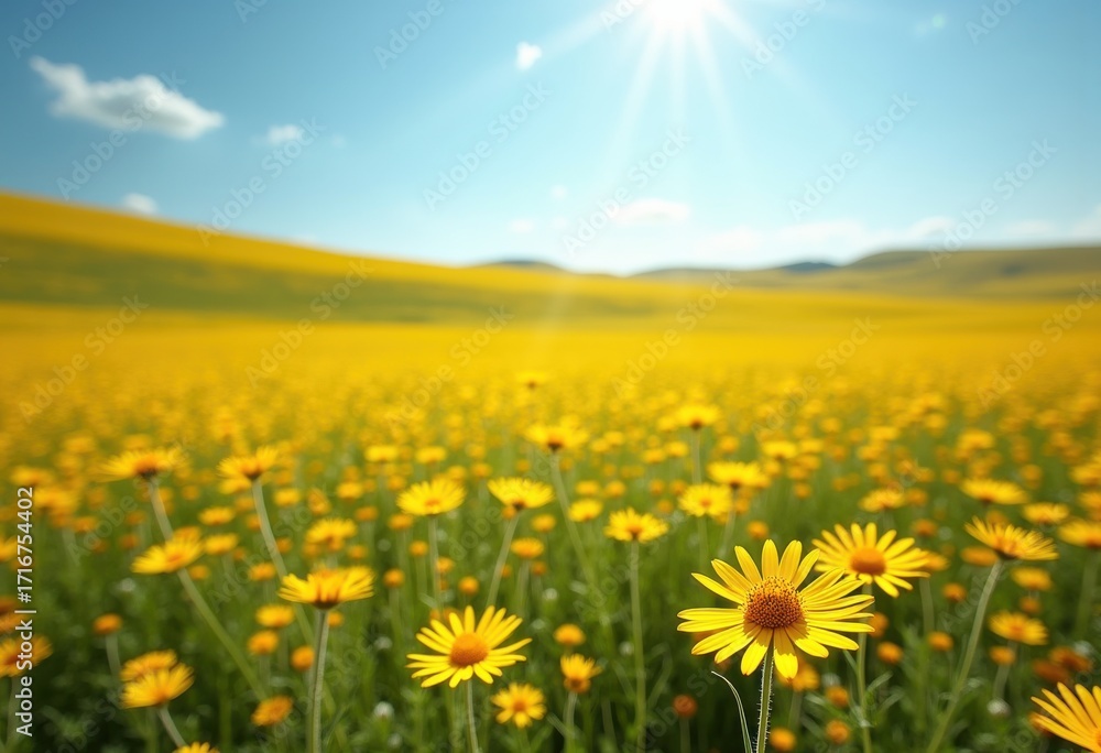 Fototapeta premium Vibrant Golden Fields of Wildflowers Blooming Under a Brilliant Clear Sky-Draped Landscape Serenity