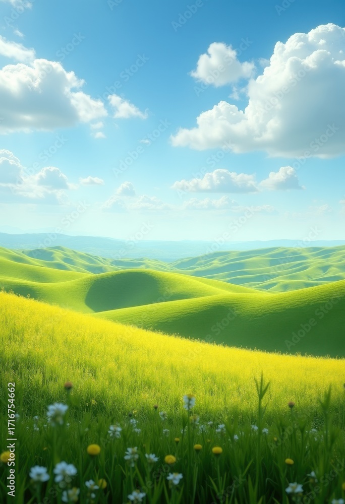 Fototapeta premium Vibrant Rolling Hills Agricultural Landscape with Flourishing Fields and Expansive Sky Overhead