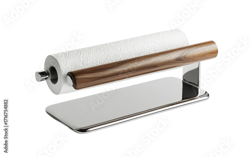 Stylish paper towel holder with roll in chrome finish captured in studio representing utility and modern design isolated on transparent background PNG