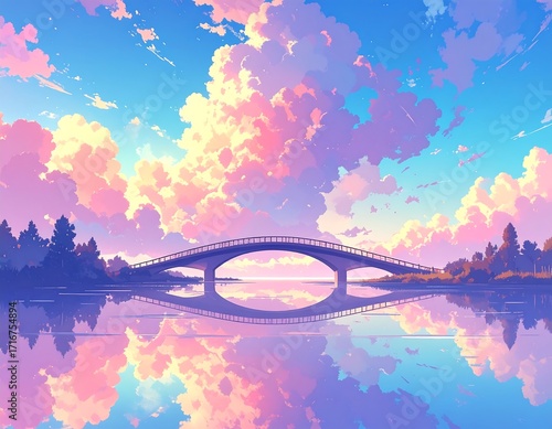 A serene landscape painting depicts a pastel-hued bridge spanning a tranquil water reflection, with a vibrant sky filled with soft clouds.