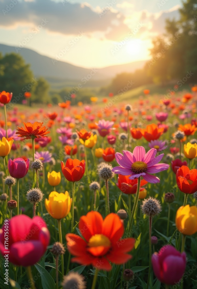 Obraz premium Vibrant Wildflower Fields Blooming with Colorful Flora in Breathtaking Spring Landscape
