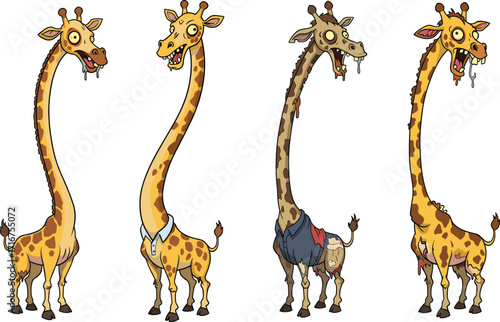 Cartoon giraffes, healthy and zombie versions, expressive faces, character contrast, four animals, white background, creative design