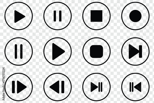 player interface icon. play button icon. Play and pause buttons icon set, ideal for media players. Set of play buttons icons. Play button. Video audio player. video paused icon Flat symbol set outline