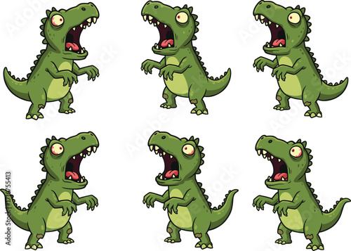 Cartoon green dinosaurs, roaring poses, expressive faces, six characters, funny animals, upright stance, white background