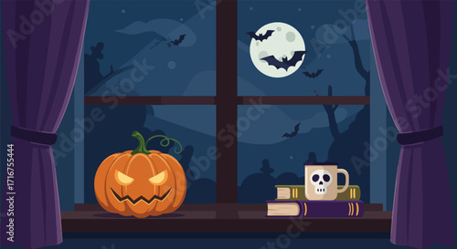 Cozy Halloween Night Window Scene with Jack O’Lantern Pumpkin, Moon, Bats, Mug, and Books for Spooky Home Decor