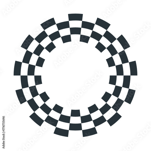 checkered circle. round frame. black and white border for racing motorsport.