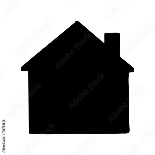 Simple black silhouette of a house with a chimney on white background