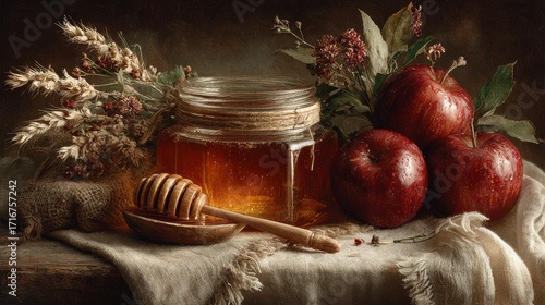 Golden Honey in Glass Jar with Wooden Dipper, Fresh Red Apples, and Wheat Stalks on Rustic Linen Fabric Still Life.