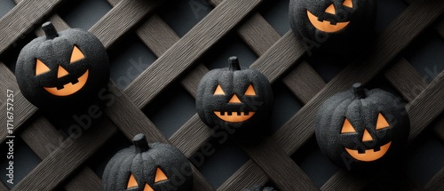 Halloween Background with Black Jack-O'-Lanterns on Dark Surface Surrounded by Spooky Autumn Decor