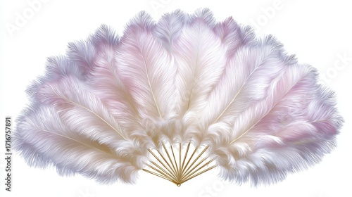Luxurious burlesque feather fan with soft plumes isolated on white for vintage cabaret and costume design.