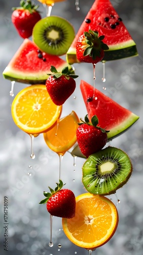 Fresh fruit slices in mid-air, dripping with juice