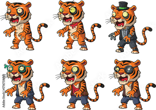 Cartoon tigers with outfits, anthropomorphic animals, expressive faces, six characters, playful poses, white background, creative design