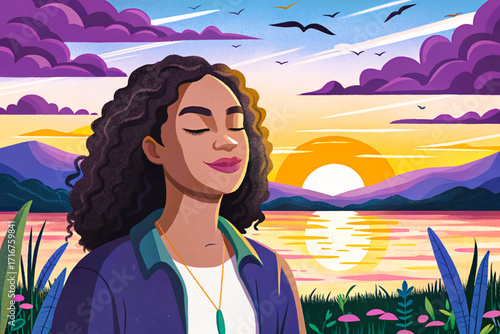 Vector illustration of a mixed race woman relaxing outdoors at sunset, breathing fresh air, symbolizing peace, mindfulness, wellness, and calm moments in nature.