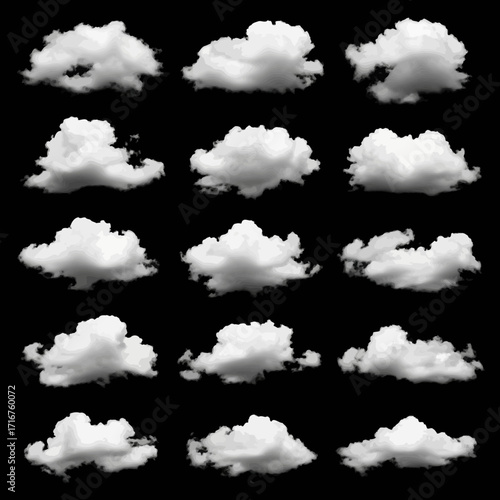 Collection of Fluffy White Cumulus Clouds Isolated Against a Black Background for Sky Design Elements and Weather Concepts