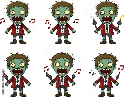 Cartoon zombie singers, microphone performers, six characters, musical notes, expressive faces, red outfits, white background