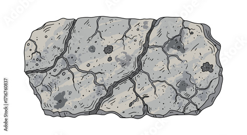 Illustration of a textured stone slab with cracks and markings on a white plane surface view