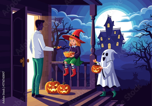 Children in Halloween costumes trick or treating on a spooky night with a haunted house in the background and pumpkins on the porch