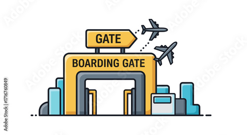 Illustration of a boarding gate with airplanes taking off in the distance in a cartoon style image