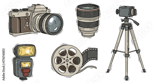 Collection of vintage photography equipment including camera lens film and tripod illustration art