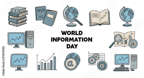 Illustration featuring books, globes, computers, charts, and world information day text art