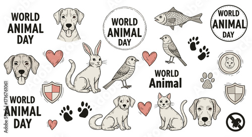 Collection of sketches featuring dogs, cats, birds, fish, rabbit, and hearts with world animal day text