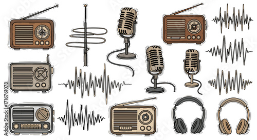 Assorted vintage radios microphones headphones and sound waves illustration art collection set design
