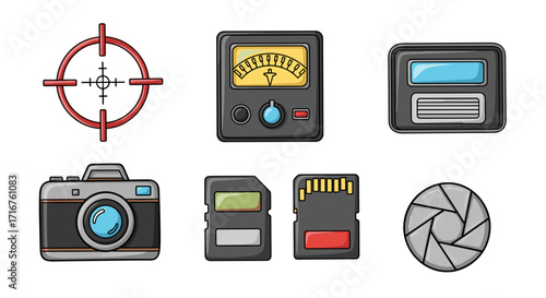 Collection of photography equipment including a camera, memory cards, and light meter displayed