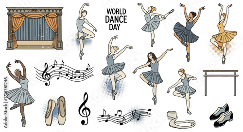 Illustration featuring ballet dancers stage musical notes and dance day text elements artfully arranged design