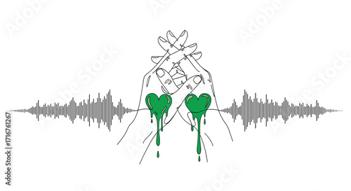 Intertwined hands holding green hearts with audio waves in an artistic representation of emotion and sound