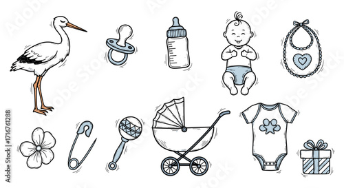 Assortment of baby themed drawings including a stork, stroller, and infant bodysuit illustration