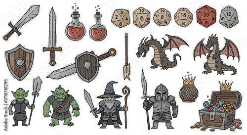 A collection of fantasy role playing game items including monsters and treasure chests displayed together