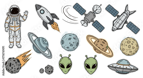 Collection of space themed cartoon illustrations including astronaut rocket and planets satellite