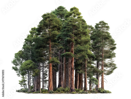 PNG of A majestic group of towering redwood trees, showcasing their lush green foliage and sturdy trunks in nature's tranquility.