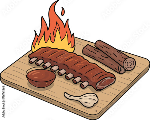 A cartoon illustration of barbecued pork ribs with flame and dipping sauce on a wooden cutting board. Vector graphic for a restaurant menu