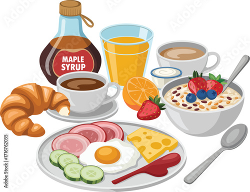 A Colorful and Diverse Breakfast Spread Illustration Croissant, Eggs, Fruit and More