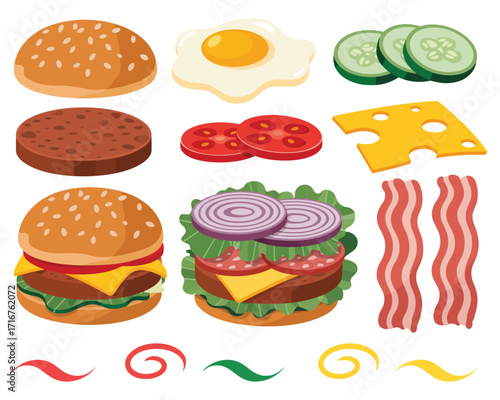 Delicious Hamburger Ingredients and Arrangement A Detailed Illustration for Culinary Purposes