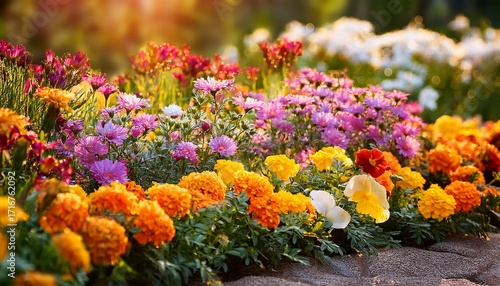Beautiful Flowering Annual Plants On A Colorful Flower Bed