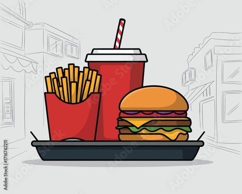 A vibrant digital illustration of a classic fast food meal with a burger, fries, and soda on a tray, set against a sketched urban background