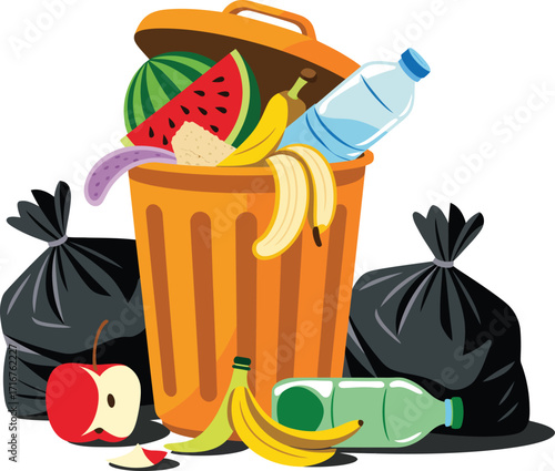 Digital illustration of an overflowing orange trash can, filled with food waste and plastic bottles, with black garbage bags, depicting environmental waste and disposal challenges