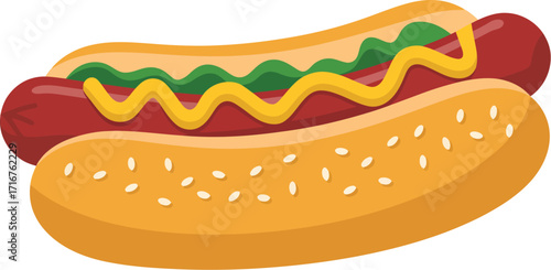 A tasty illustrated hot dog with sausage in a sesame bun, topped with classic yellow mustard