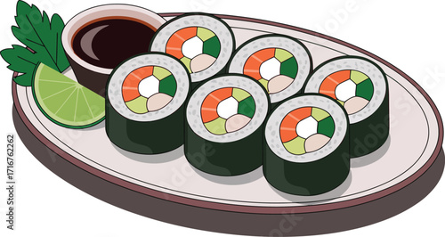 A Vector Illustration of Freshly Prepared Sushi Rolls