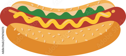A delicious and iconic hot dog with mustard and relish, perfect for a quick meal or snack, rendered in a vibrant vector illustration