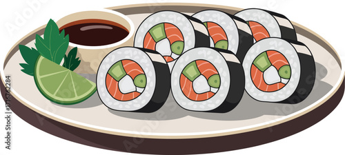 A digital illustration of fresh sushi maki rolls served on a plate with soy sauce and lime, depicting a popular Japanese culinary delight