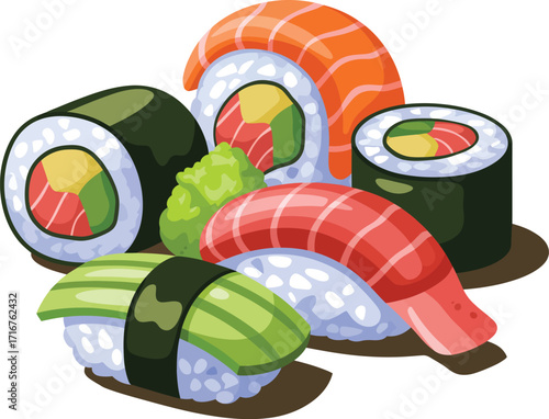A detailed flat 2D vector illustration of an assorted sushi platter with various rolls and nigiri