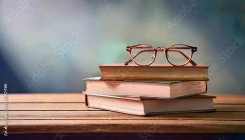 pair of glasses resting on stack of books on wooden table
