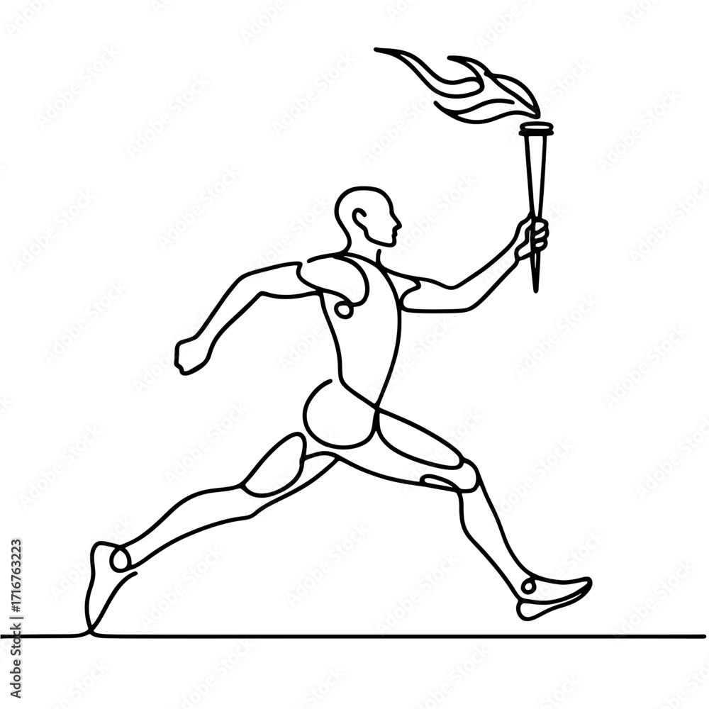 Fototapeta premium Man running with torch one line art illustration in black minimalist style