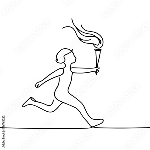 Child running with Olympic torch one line art illustration in black minimalist style